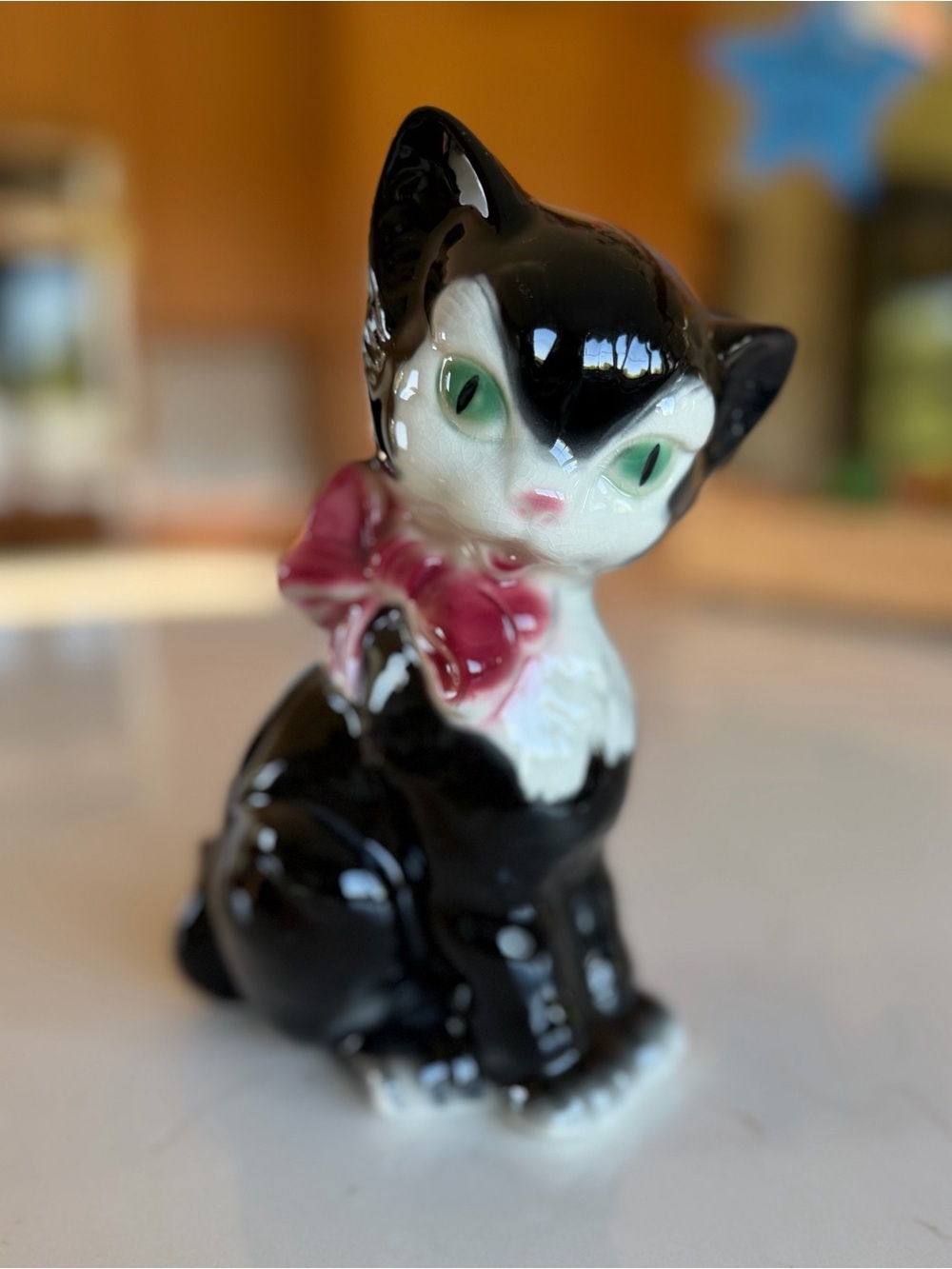 Vintage Royal Copley Black Tuxedo Cat Figurine Green Eyes/Pink Bow 8" ht 50's